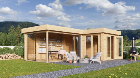 Superb corner log cabin ALU Concept QUINTA 70 | 6.8 x 4.8 m (22'4'' x 15'9'') 70 mm