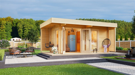 NEW! Attractive sauna cabin with a terrace ASTA 70 | 5.1 x 2.8 m (16'8'' x 9'1'') 70 mm
