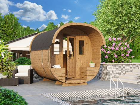 Practical 1-room Thermo Barrel sauna with a terrace SaunaBus 292
