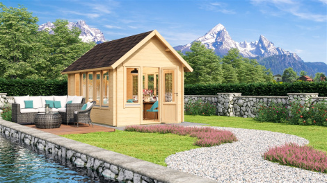 BEST SELLER cosy garden house with a gable roof JURA 44 | 3.6 x 5 m (11'10'' x 16'8'') 44 mm