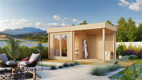BEST SELLER | Outdoor sauna cabin with a terrace MOSSO 70 | 5.3 x 2.6 m (17'2'' x 8'5'') 70 mm