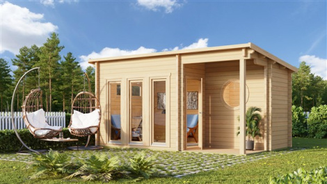 POPULAR! Stylish sauna cabin with large windows TALLEBORG 70 | 5.6 x 3.9 m (18'4'' x 12'9'') 70 mm